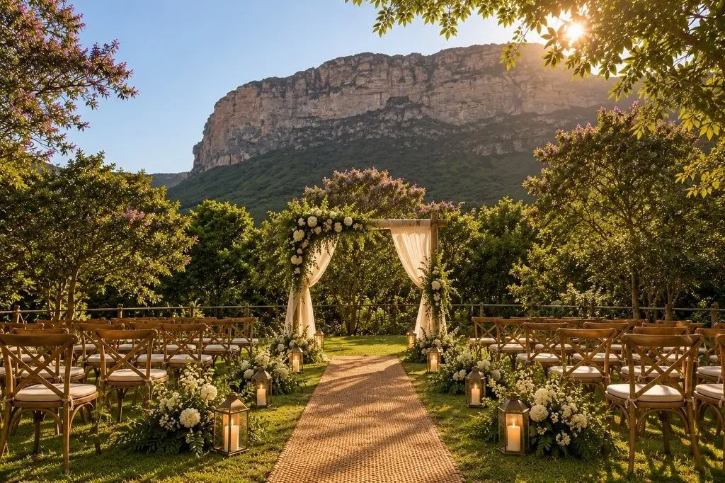 Altar com arco de flores e cadeiras de madeira ao ar livre, com o paredão de um morro ao fundo